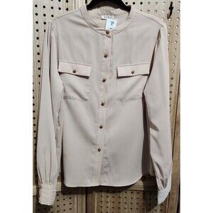Womens KORI America‎ Beige Button Down Dress Shirt Large Blouse Dressy Polyester